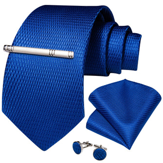 Dibangu Blue Solid Silk Men's Tie Handkerchief Cufflinks Clip Set