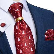 Christmas Red solid Men's Silk Tie Handkerchief Cufflinks Set with Tie Ring Set