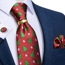 Red Green Christmas Tree pattern Men's Silk Tie Handkerchief Cufflinks Set with Tie Ring Set