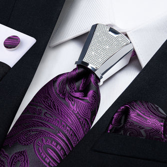 4PC Black Purple Floral Men's Tie Handkerchief Cufflinks Accessory Set