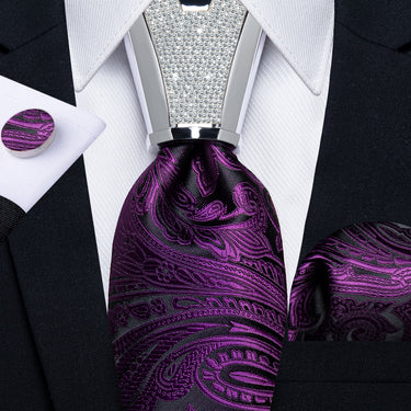 4PC Black Purple Floral Men's Tie Handkerchief Cufflinks Accessory Set
