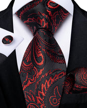 Classy Black Red Paisley Men's Tie Pocket Square Cufflinks Set