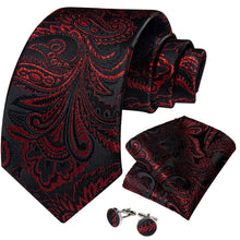 Classy Black Red Paisley Men's Tie Pocket Square Cufflinks Set