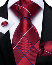 Red Striped Plaid SolidMen's Tie Pocket Square Cufflinks Clip Set