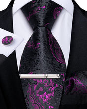 Black Purple Paisley Men's Tie Pocket Square Cufflinks Clip Set