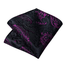 Black Purple Paisley Men's Tie Pocket Square Cufflinks Clip Set