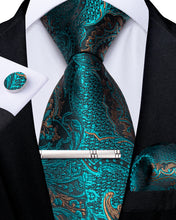 Teal Blue Paisley Men's Tie Pocket Square Cufflinks Clip Set