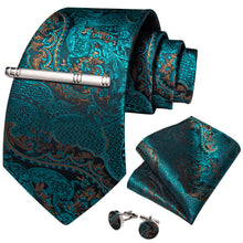Teal Blue Paisley Men's Tie Pocket Square Cufflinks Clip Set
