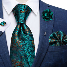 Teal Blue Paisley Men's Necktie Handkerchief Cufflinks Set With Lapel Pin Brooch Set