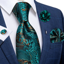 Teal Blue Paisley Men's Necktie Handkerchief Cufflinks Set With Lapel Pin Brooch Set