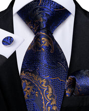 Classy Blue Gold Paisley Men's Tie Pocket Square Cufflinks Set