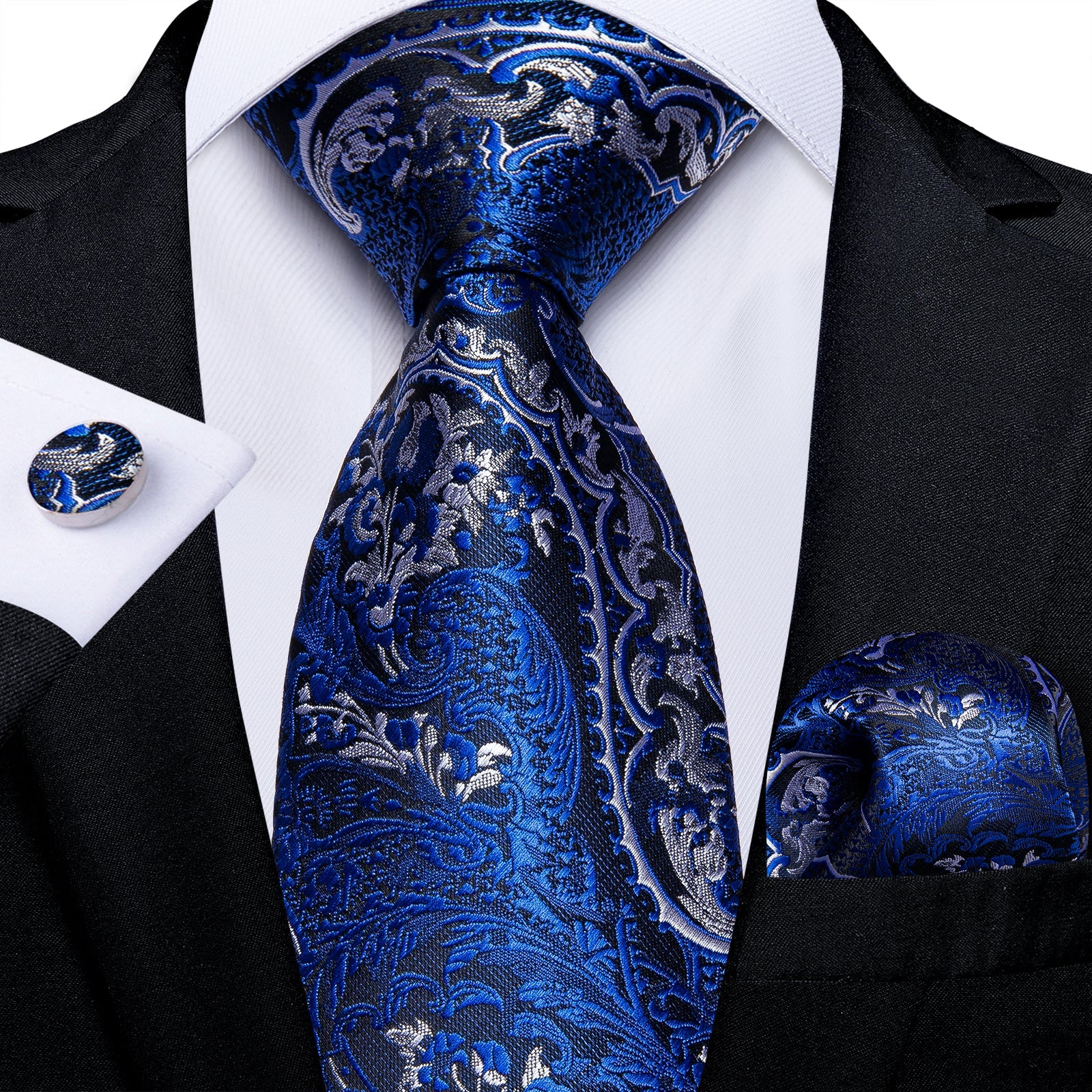 Blue Silver Paisley Men's Tie Pocket Square Cufflinks Clip Set