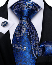 Blue Silver Paisley Men's Tie Pocket Square Cufflinks Set