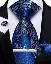 Blue Silver Paisley Men's Tie Pocket Square Cufflinks Clip Set