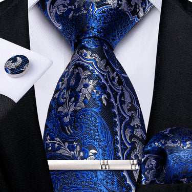 Blue Silver Paisley Men's Tie Pocket Square Cufflinks Clip Set