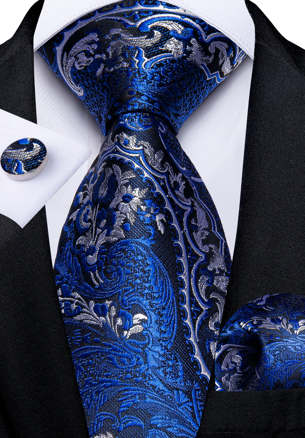 Blue Silver Paisley Men's Tie Pocket Square Cufflinks Clip Set