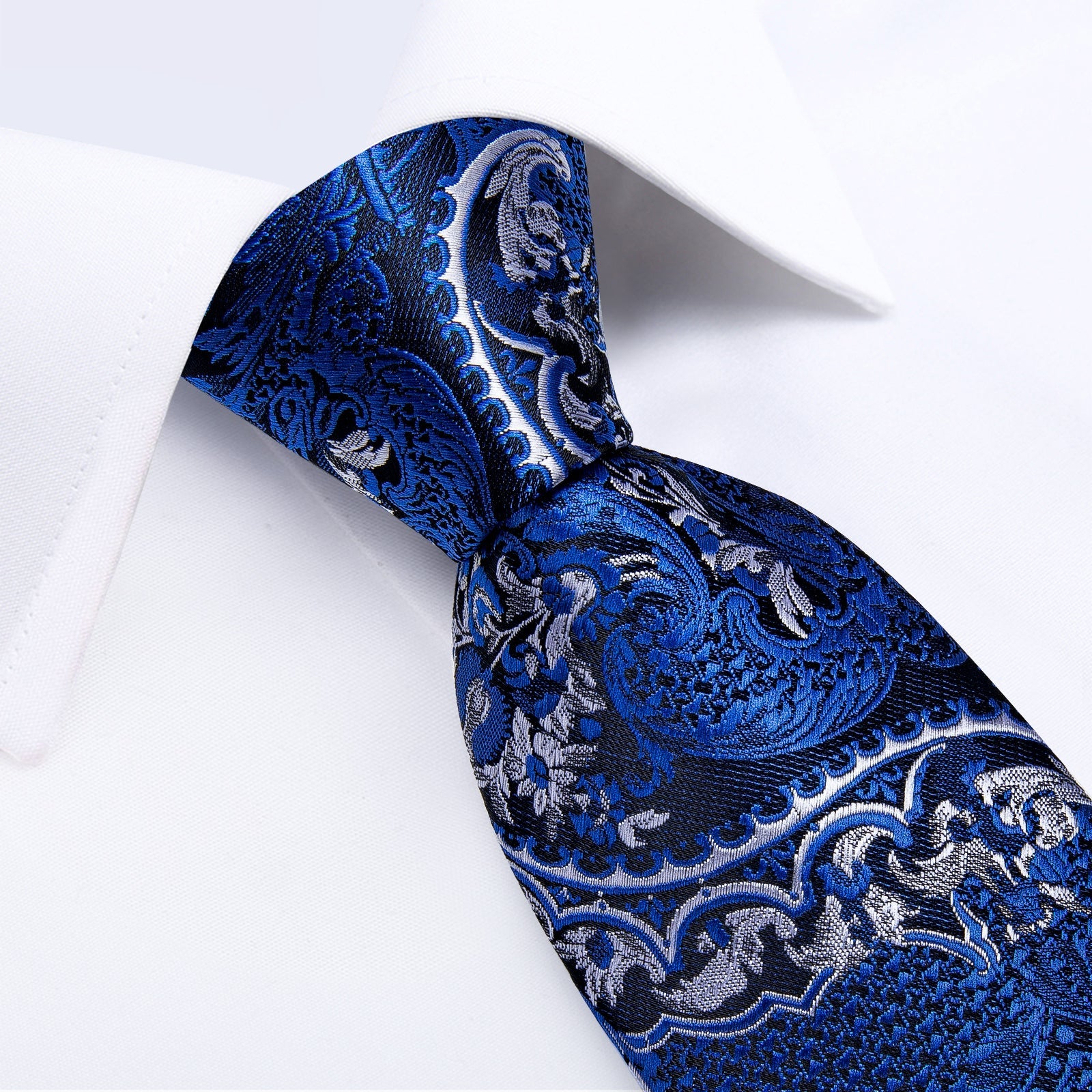 Blue Silver Paisley Men's Tie Pocket Square Cufflinks Clip Set