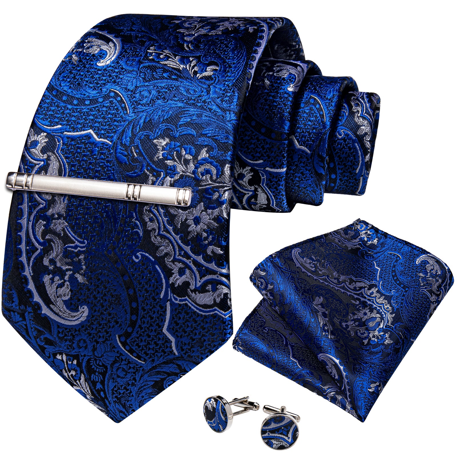 Blue Silver Paisley Men's Tie Pocket Square Cufflinks Clip Set