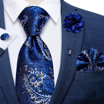 Blue Silver Paisley Men's Necktie Handkerchief Cufflinks Set With Lapel Pin Brooch Set