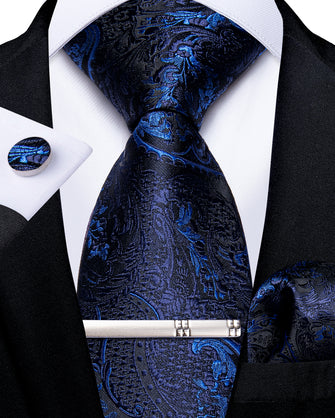 Deep Blue Paisley Men's Tie Pocket Square Cufflinks Clip Set