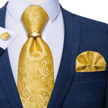4PCS Yellow Paisley Men's Silk Tie Handkerchief Cufflinks With Tie Ring Set