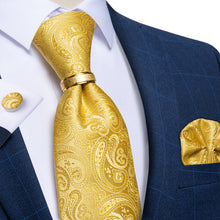 4PCS Yellow Paisley Men's Silk Tie Handkerchief Cufflinks With Tie Ring Set