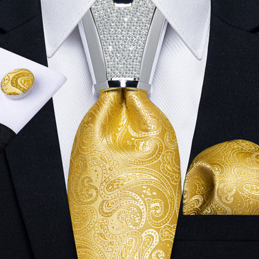 4PC Golden Floral Men's Tie Handkerchief Cufflinks Accessory Set