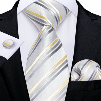 White Yellow Grey Stripe Men's Tie Pocket Square Cufflinks Set
