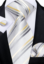 White Yellow Grey Stripe Men's Tie Handkerchief Cufflinks Clip Set