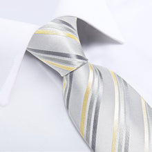 White Yellow Grey Stripe Men's Tie Handkerchief Cufflinks Clip Set