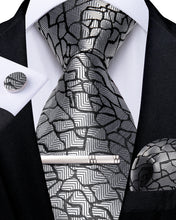 Silver Black Stripe Men's Tie Handkerchief Cufflinks Clip Set