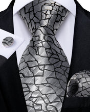Silver Black Stripe Men's Tie Pocket Square Cufflinks Set