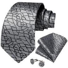 Silver Black Stripe Men's Tie Pocket Square Cufflinks Set