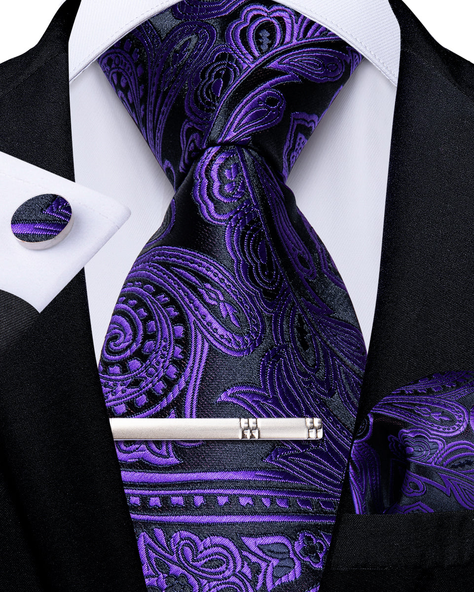 Luxury Black Purple Floral Men's Tie Handkerchief Cufflinks Clip Set