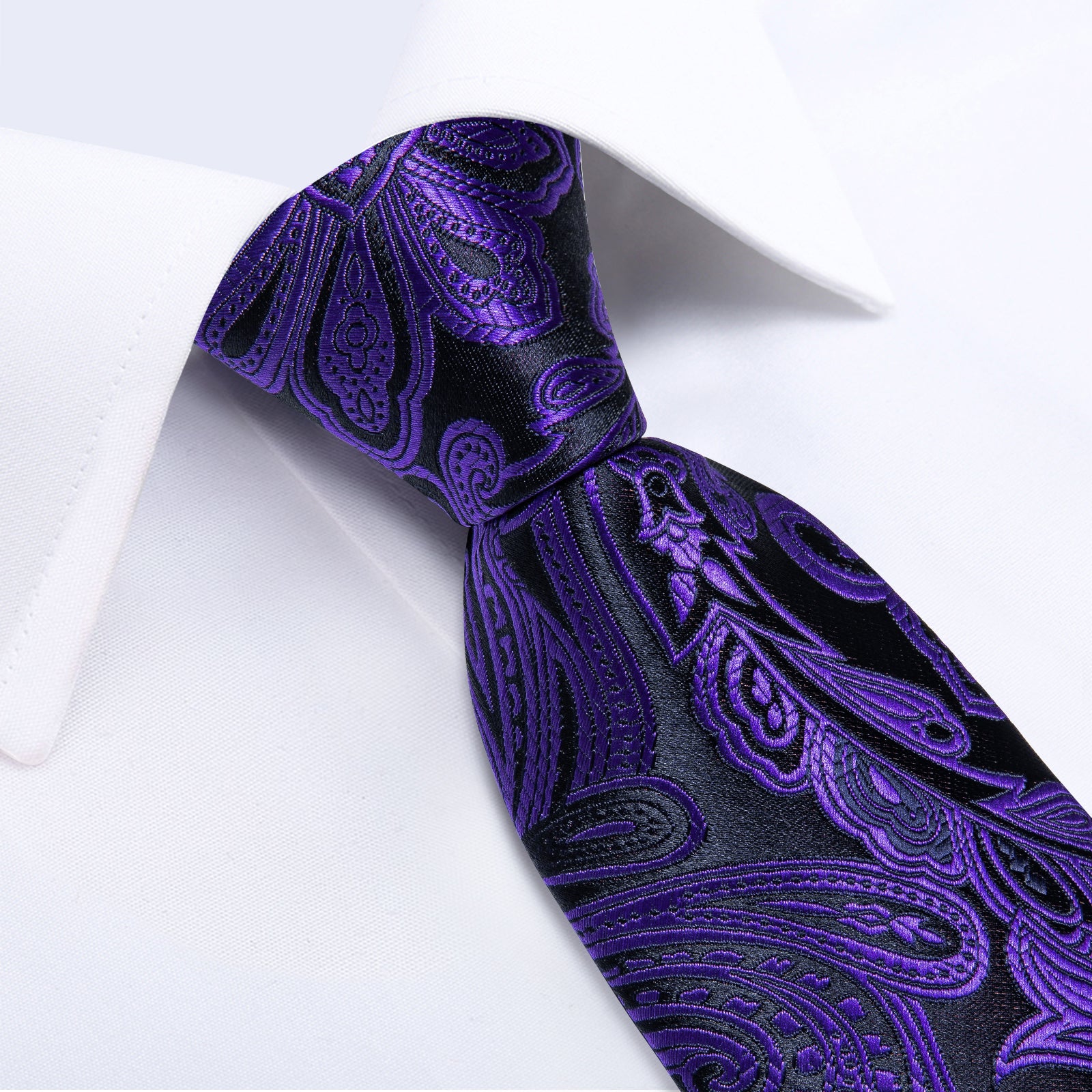 Luxury Black Purple Floral Men's Tie Handkerchief Cufflinks Clip Set