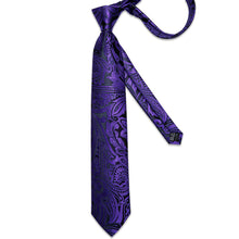 Luxury Black Purple Floral Men's Tie Handkerchief Cufflinks Clip Set