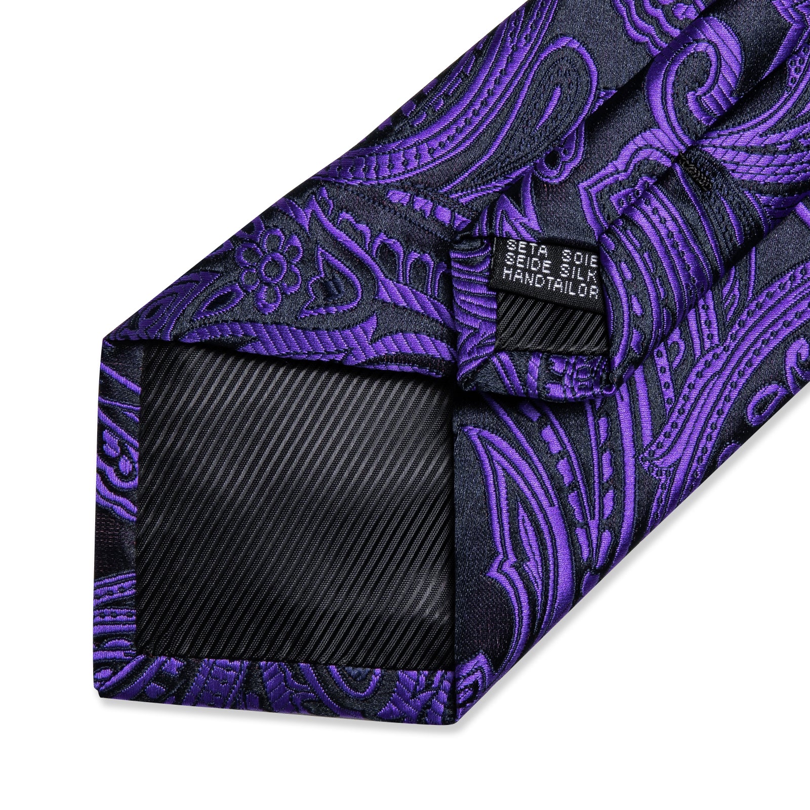 Luxury Black Purple Floral Men's Tie Handkerchief Cufflinks Clip Set