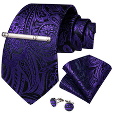 Luxury Black Purple Floral Men's Tie Handkerchief Cufflinks Clip Set