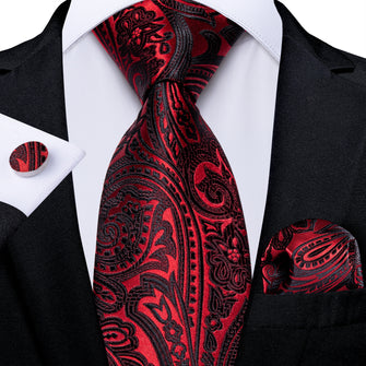 Red Black Floral Men's Tie Pocket Square Cufflinks Set