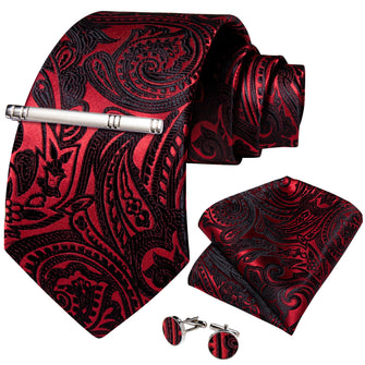 Red Black Floral Men's Tie Handkerchief Cufflinks Clip Set