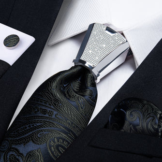 4PC Blue Green Floral Men's Tie Handkerchief Cufflinks Accessory Set