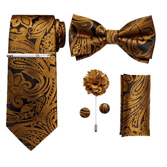 Black Golden Floral Bowtie Necktie  Hanky Cufflinks Brooch Clip Set