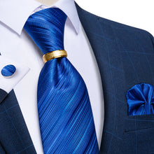 4PCS Blue Stripe Men's Silk Tie Handkerchief Cufflinks With Tie Ring Set