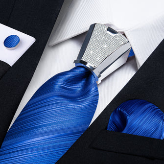 4PC Blue Stripe Men's Tie Handkerchief Cufflinks Accessory Set