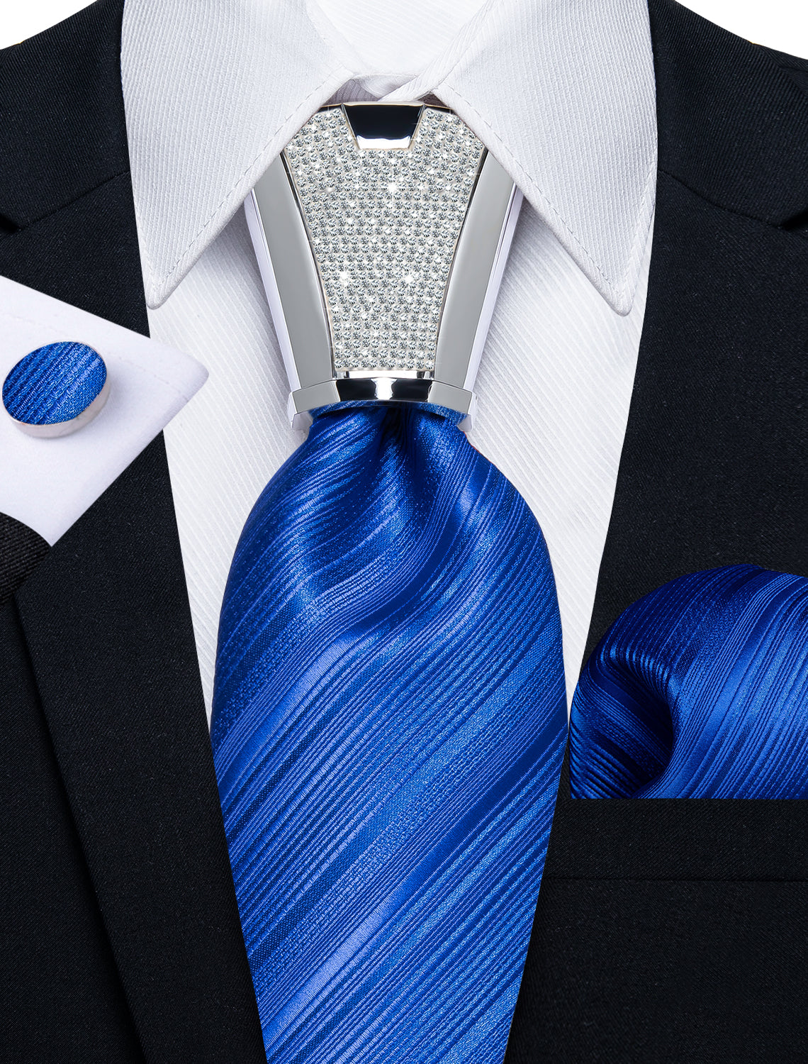 mens striped navy blue silk tie pocket square cufflinks set with tie accessory ring set for wedding party