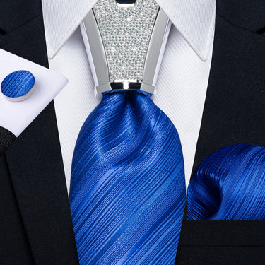 4PC Blue Stripe Men's Tie Handkerchief Cufflinks Accessory Set