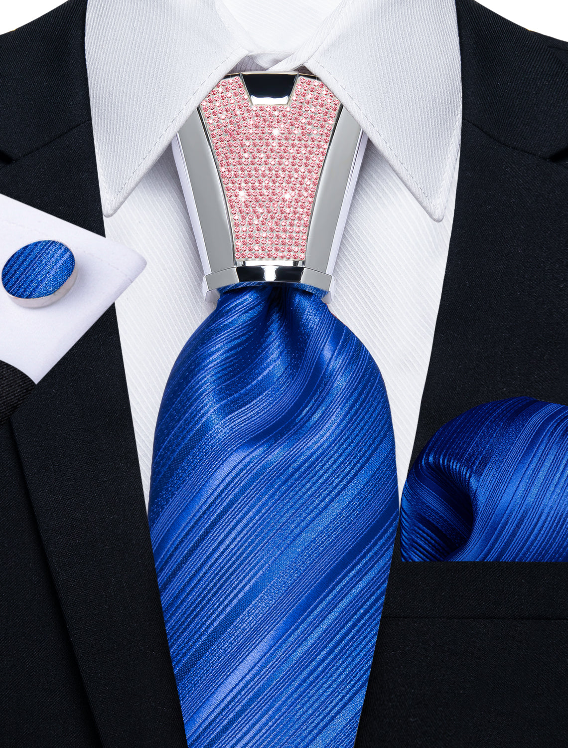 mens striped navy blue silk tie pocket square cufflinks set with tie accessory ring set for wedding party