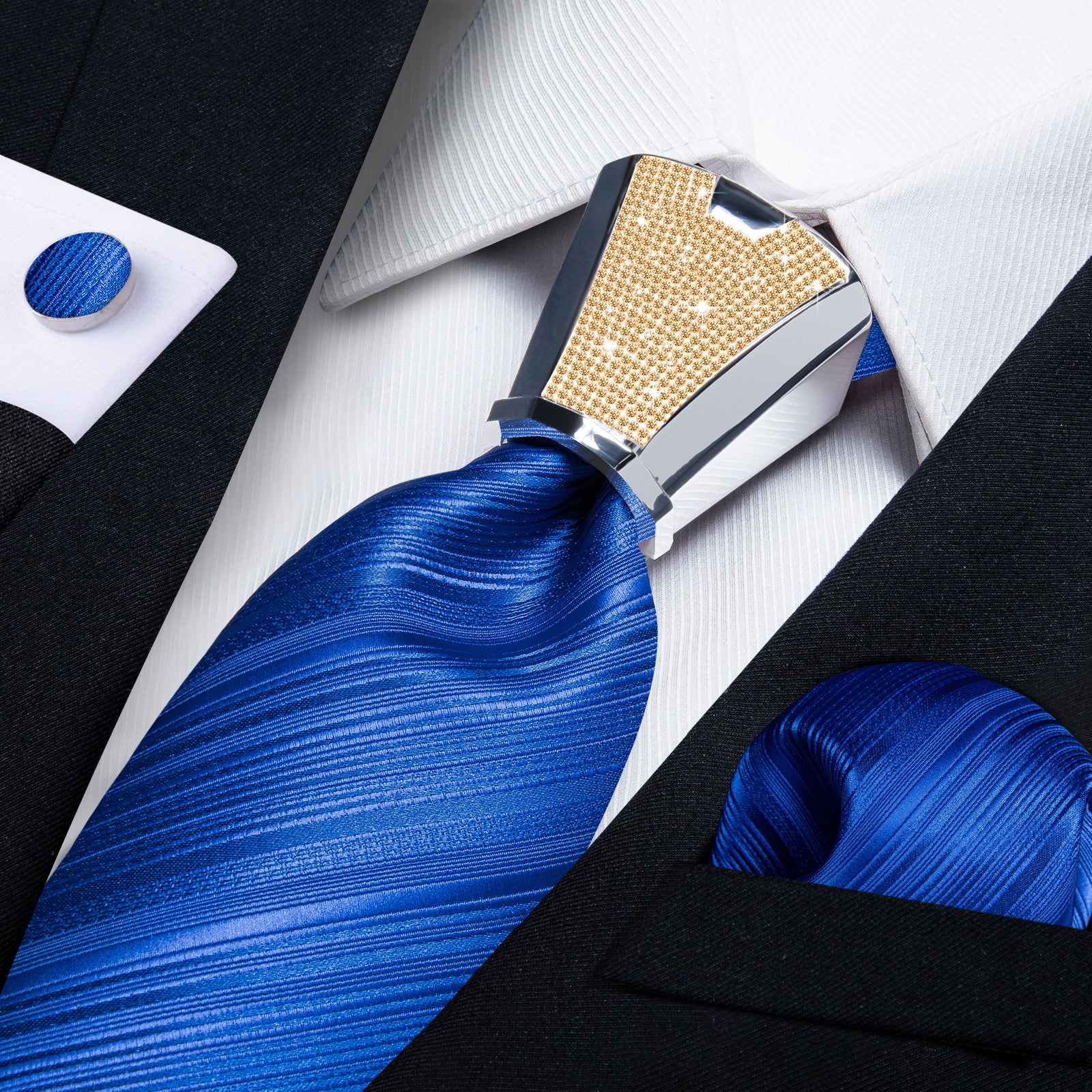 mens striped navy blue silk tie pocket square cufflinks set with tie accessory ring set for wedding party