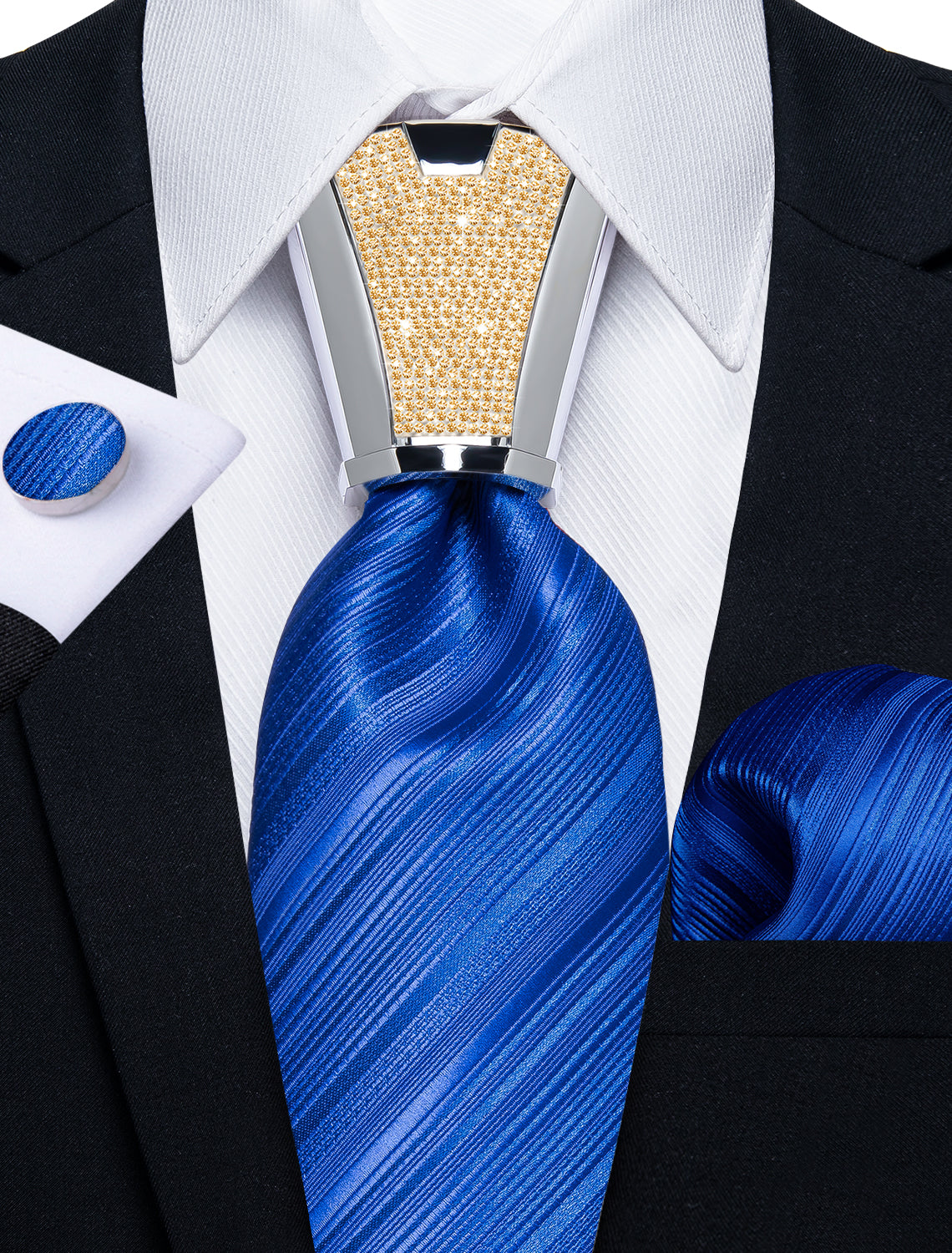 mens striped navy blue silk tie pocket square cufflinks set with tie accessory ring set for wedding party