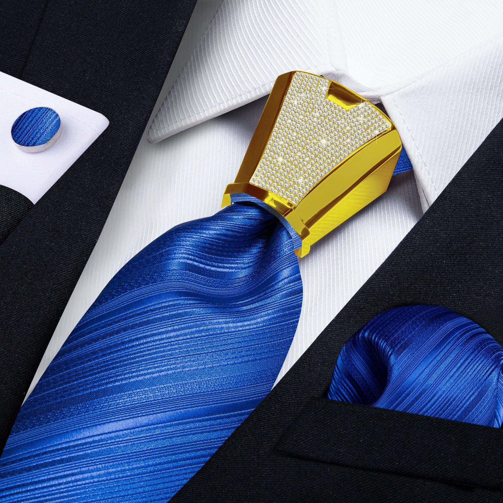 mens striped navy blue silk tie pocket square cufflinks set with tie accessory ring set for wedding party